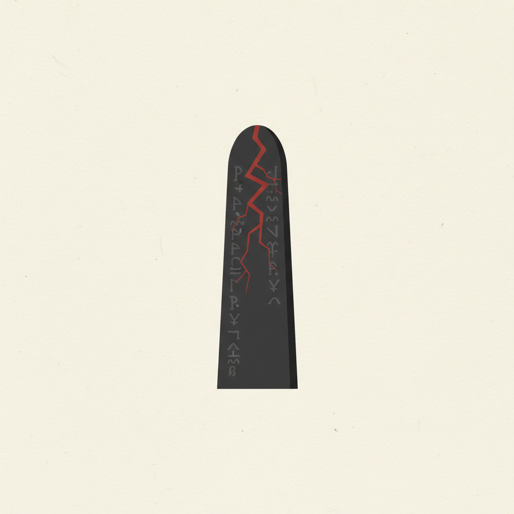 A cracked basalt stele struck by a red bolt of lightning