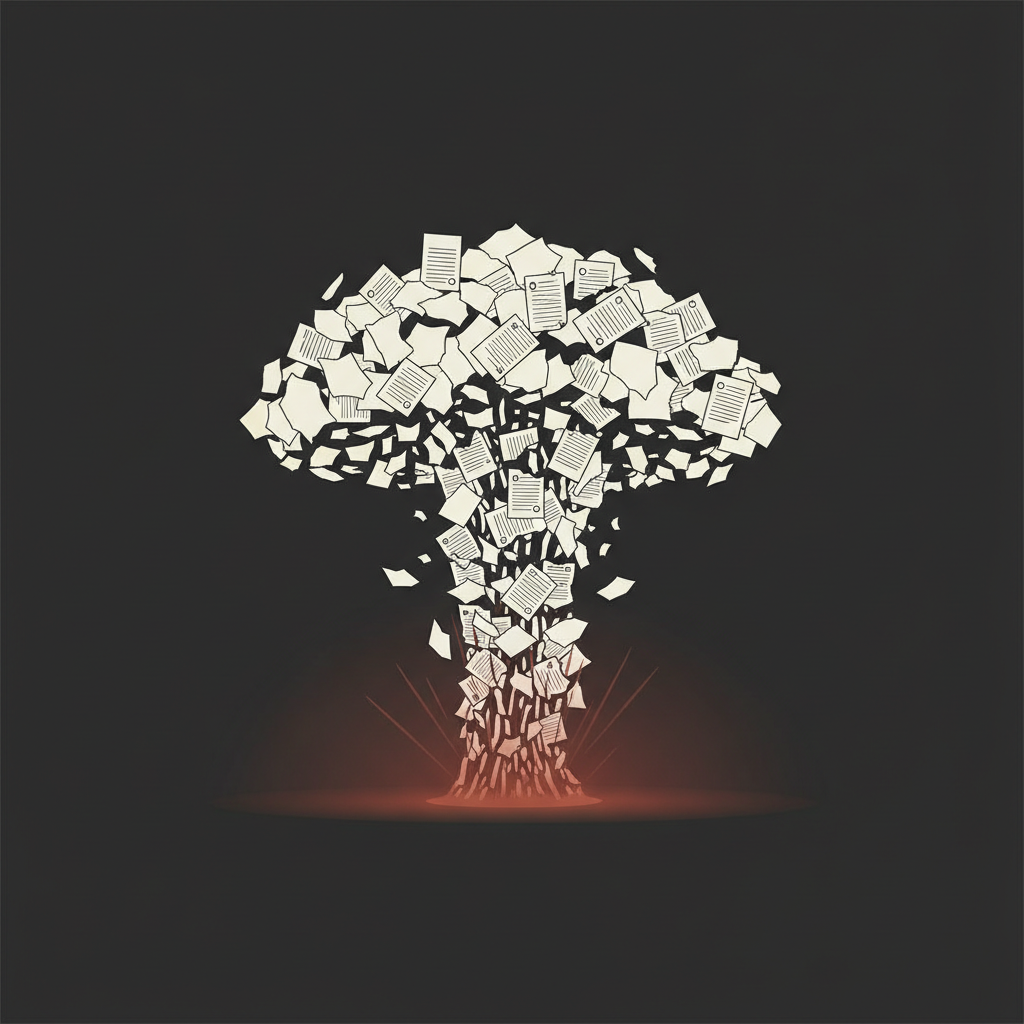 A mushroom cloud made of shredded paper contracts